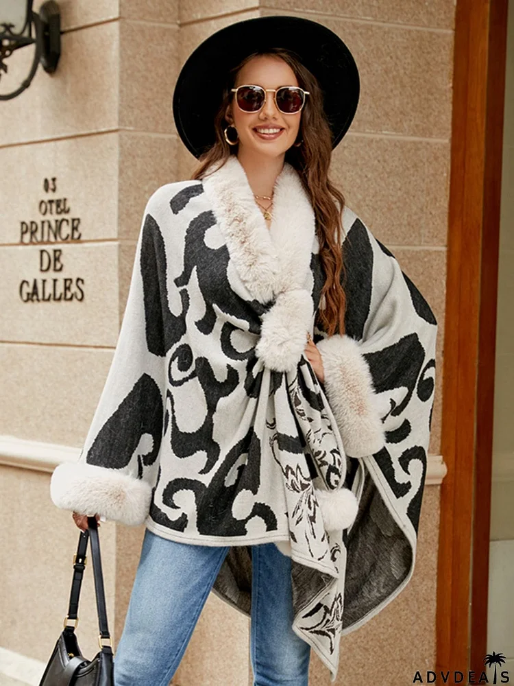 Faux Fur Trim Poncho