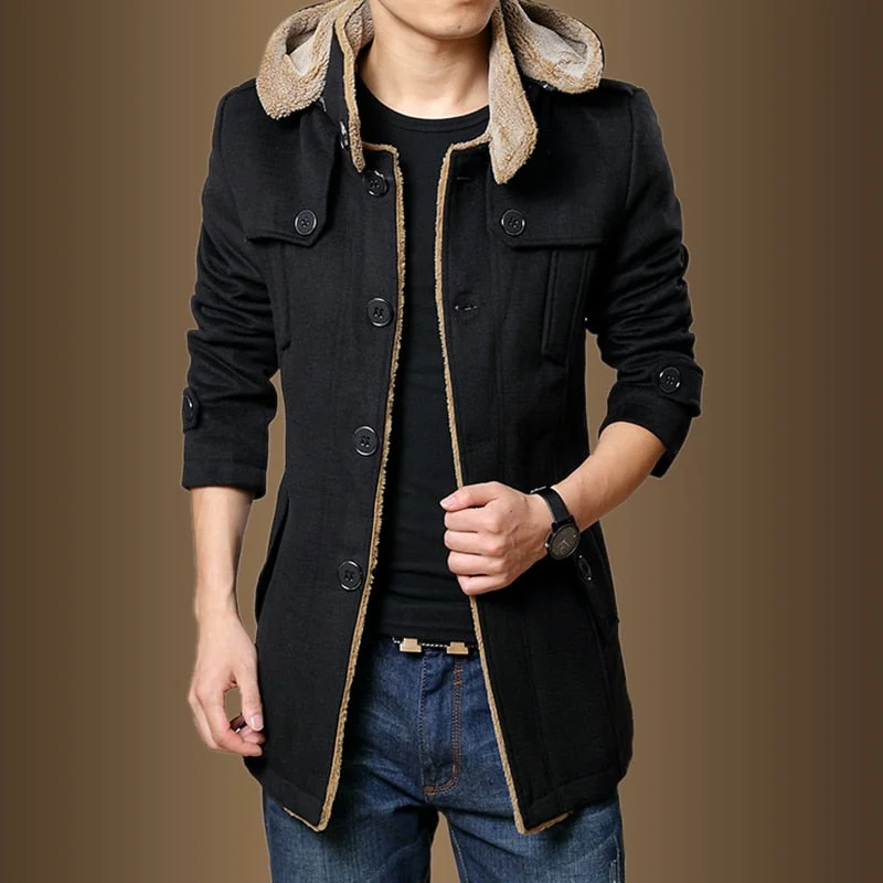 WOQN Trench Coats Men 2020 Winter Fashion Men Thick Jackets Fleece Slim Fit Hooded Trench Coat Long Casual Jackets Men Plus Size