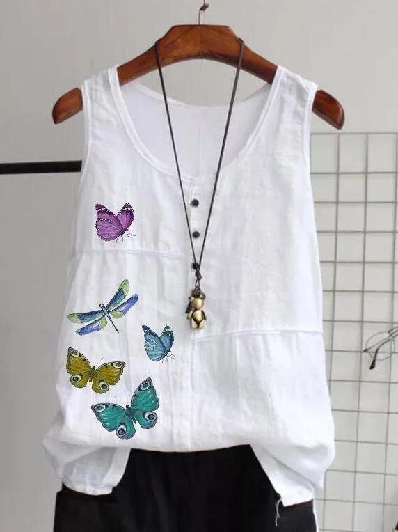 Casual linen butterfly dragonfly print sleeveless vest tops