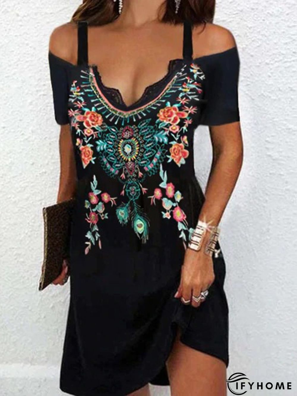 Ethnic V Neck Lace Cold Shoulder Casual A-Line Dress | IFYHOME