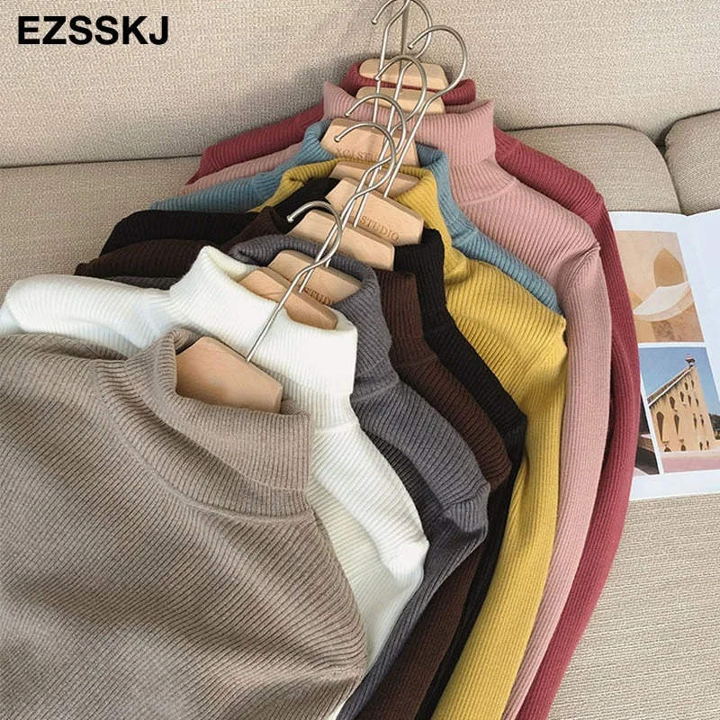 2021 Knitted Women turtleneck Sweater Pullovers spring Autumn Basic Women high neck Sweaters Pullover Slim female