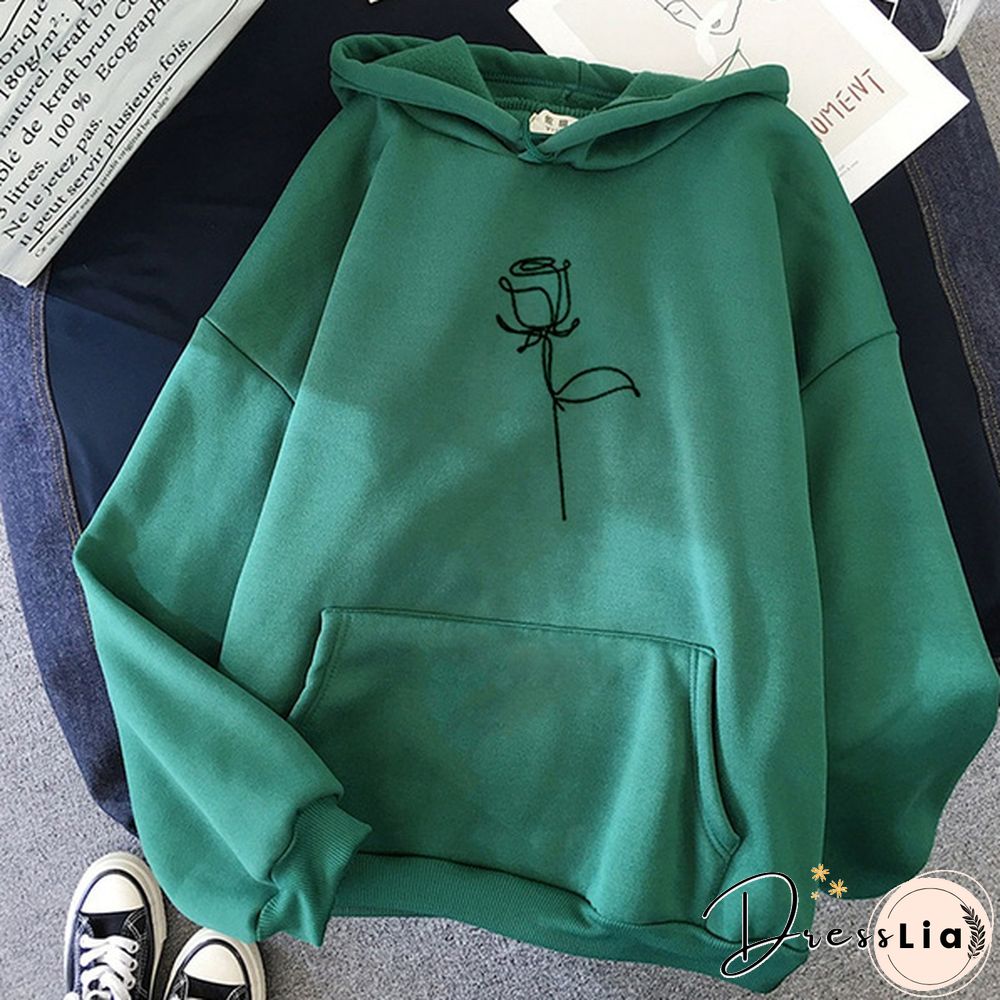 New Fashion Ladies Girls Cute Rose Flower Printed Hoodies Thin Fleece Long Sleeve Casual Pullovers Women Hooded Sweatshirts