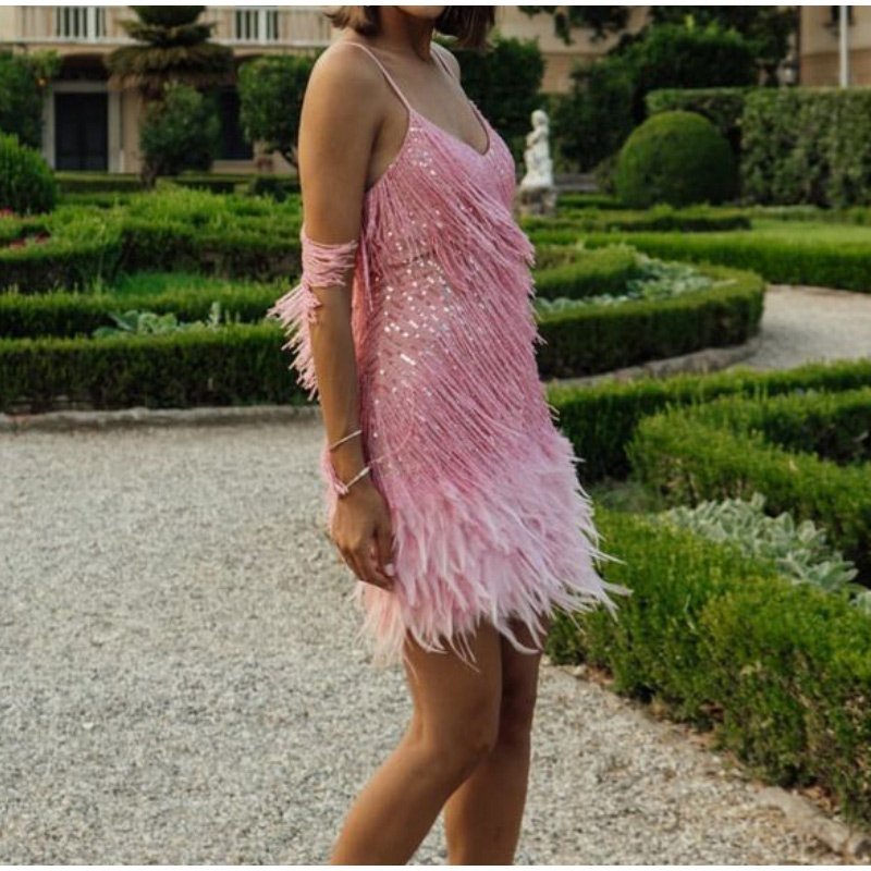 Women's Feather Fringe Sequin Spaghetti Strap Dress – zebrasisi