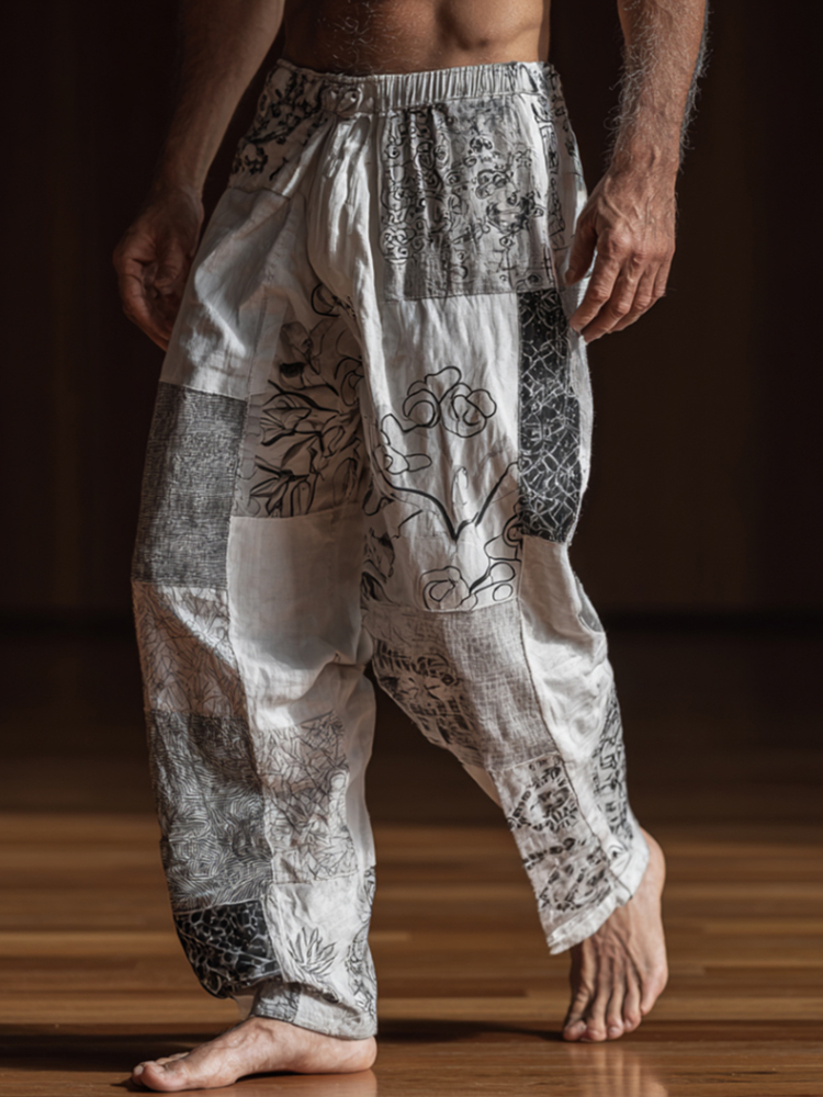 Japanese Style Patchwork Plant Print Casual Black And White Cotton Linen Casual Trousers  artssus