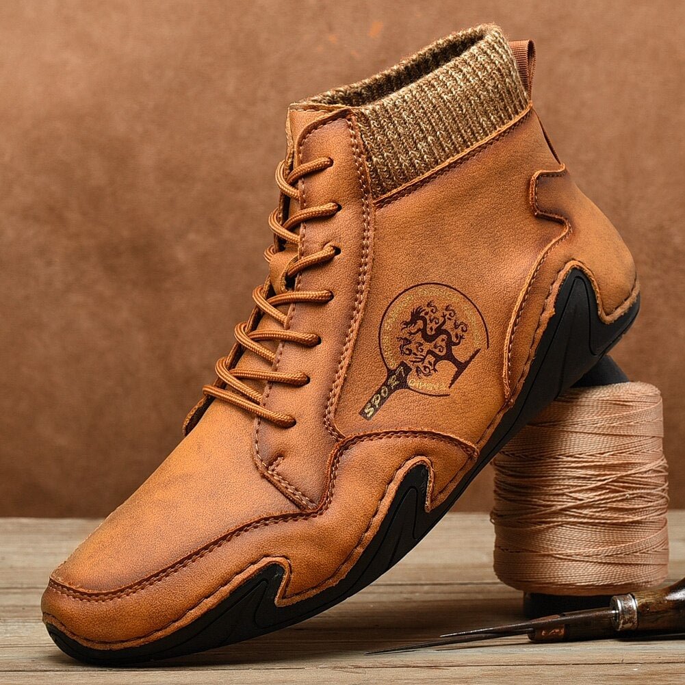 Nine o'clock Autumn Leather Vintage Men Boots Fashion Street High-top Shoes Winter Warm Lined Handmade Lace-up Botas de hombre