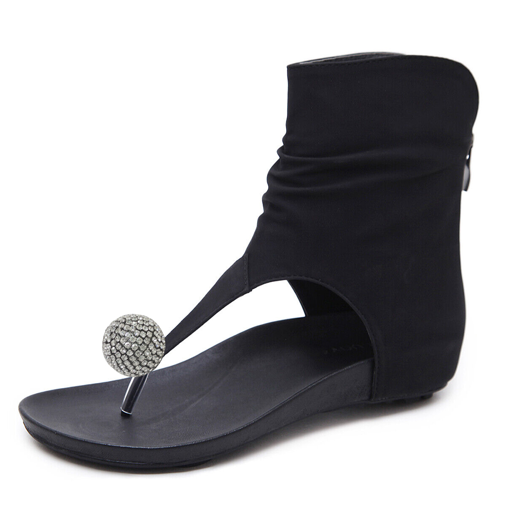 Black Vegan Suede Open Toe Flat Ankle Sandals with Rhinestone Nicepairs