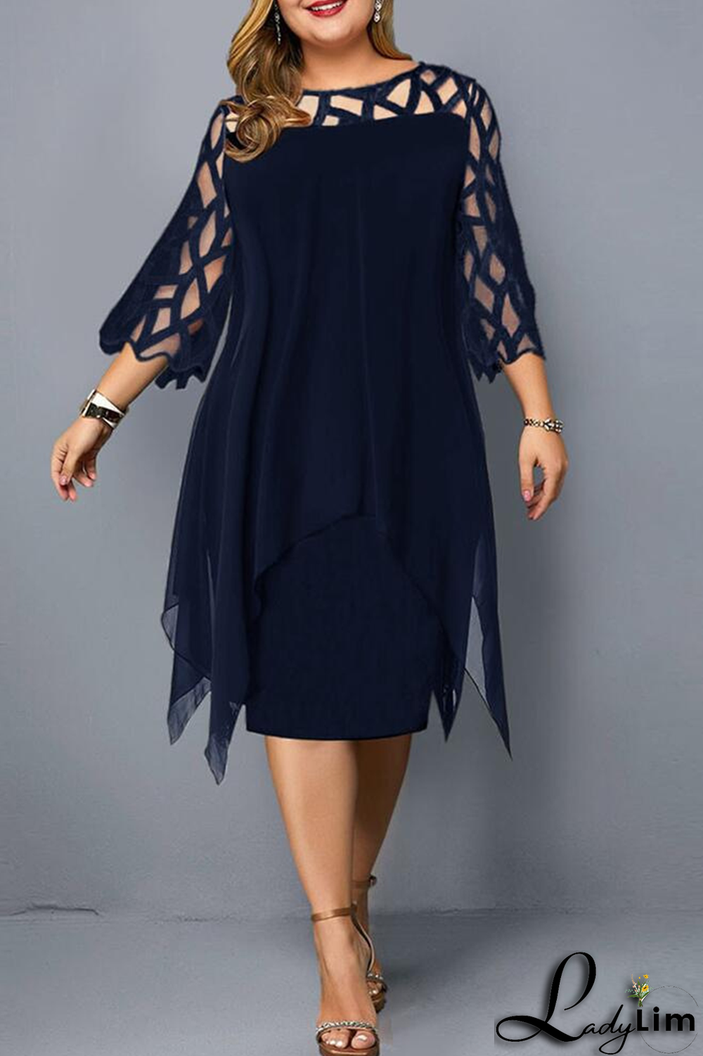 Ink Green Casual Solid Lace O Neck Straight Plus Size Dresses