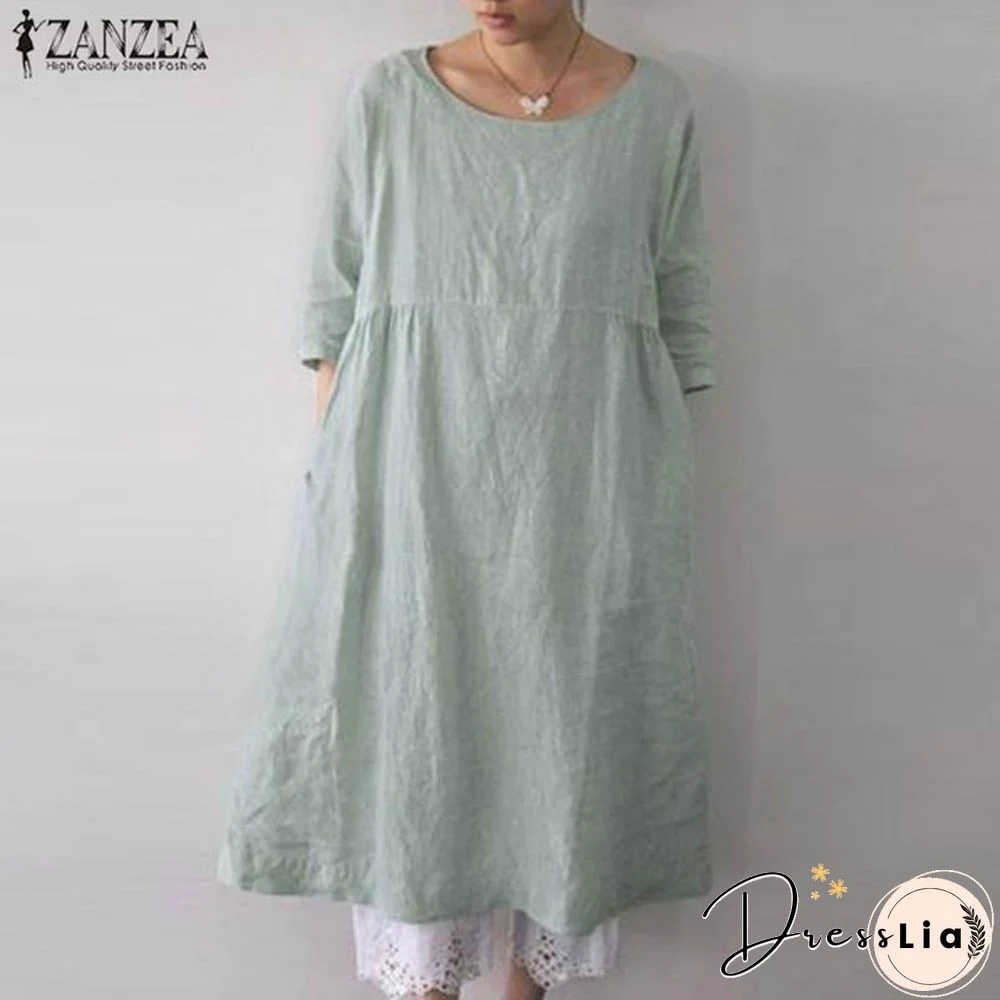 ZANZEA Women O-Neck 3/4 Sleeve Solid Color Loose Shirt Dress Kaftan Dress Plus Size S-5XL