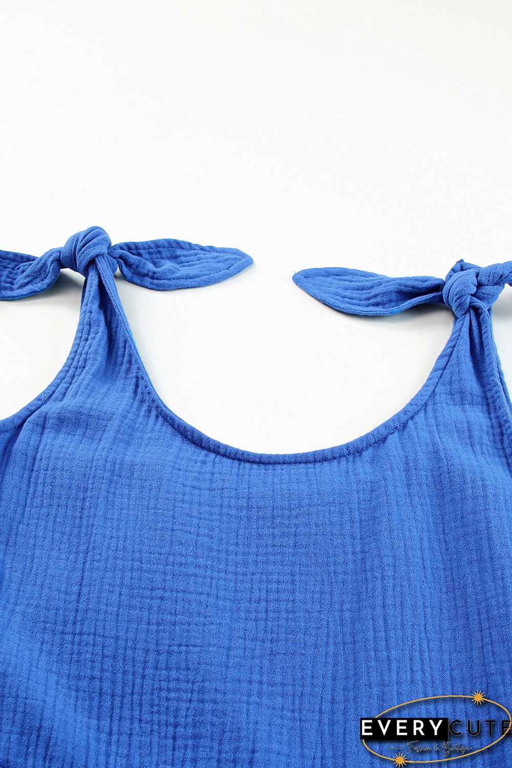 Blue Textured Knotted Straps High Waist Wide Leg Romper