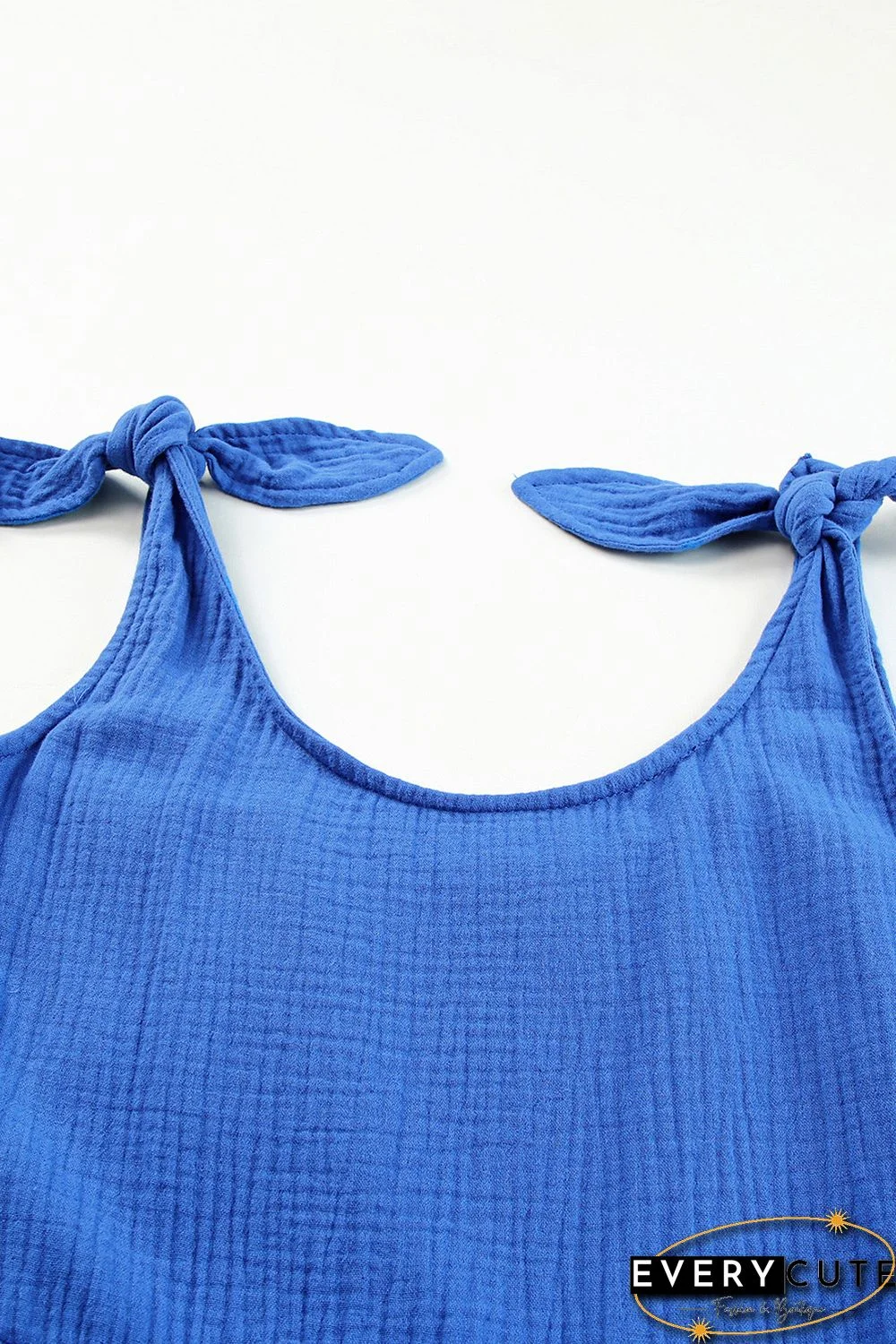 Blue Textured Knotted Straps High Waist Wide Leg Romper