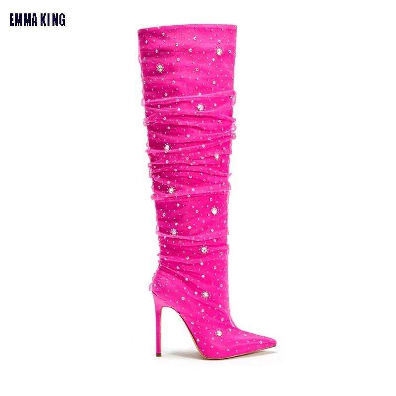 VCSHOES Women Rhinestone Knee High Boots Woman Pink Pointed Toe Stiletto High Heels Botas Mujer Party Wedding Shoes 44