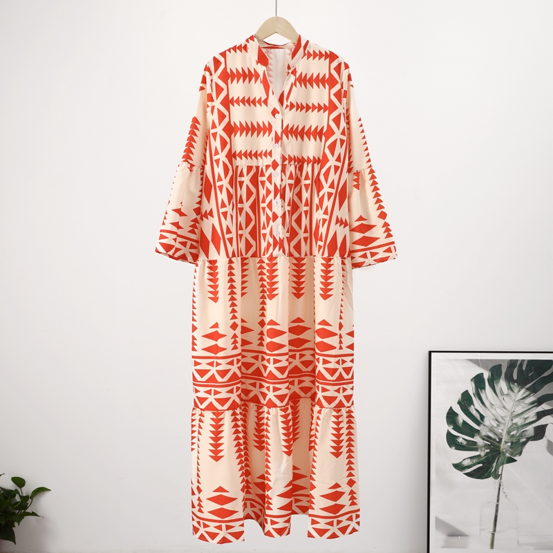 Women's Fashion Casual Print Vintage Button Down Loose V Neck Maxi Dress