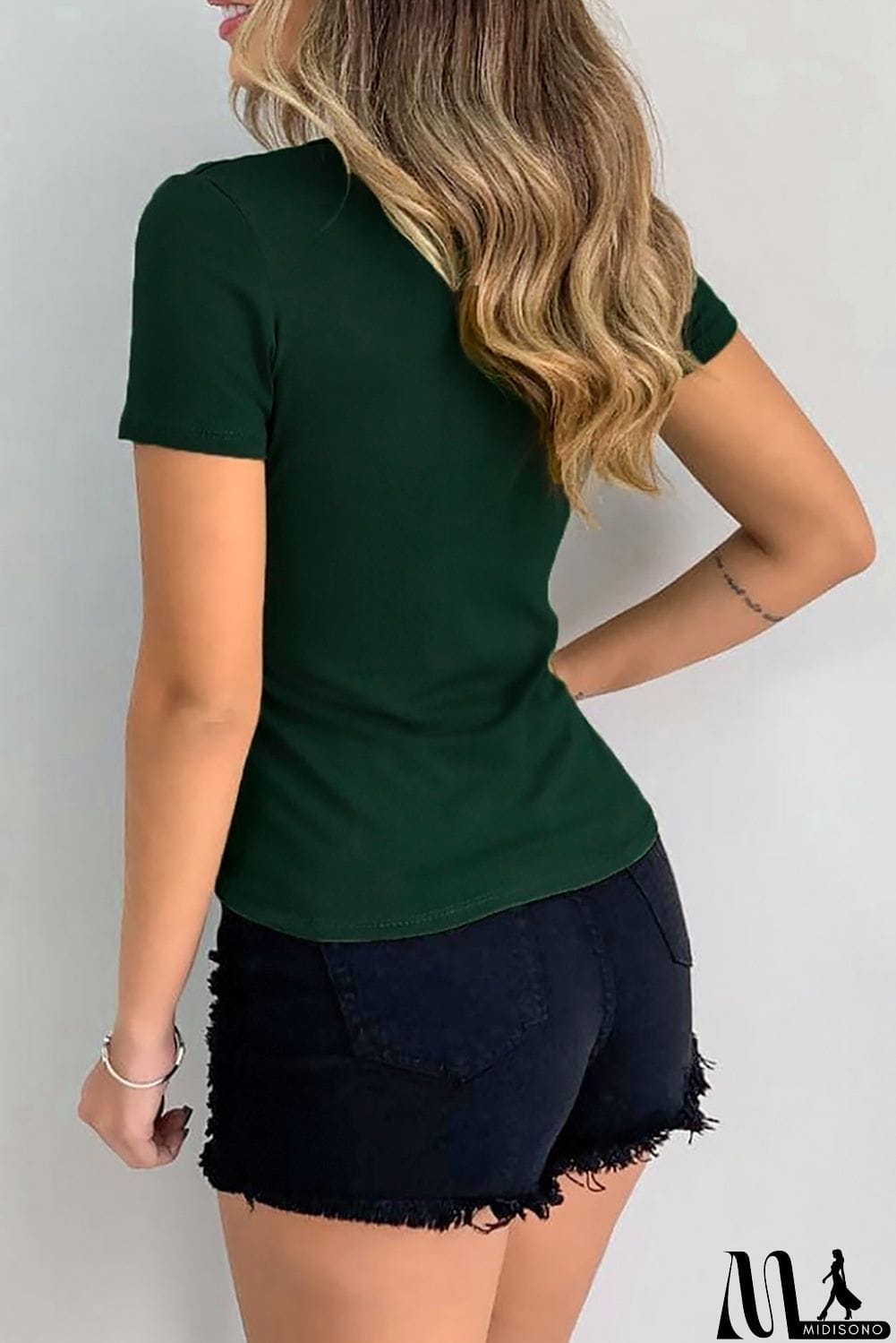 MidiSono - Solid Color V Neck Bodycon T-shirt