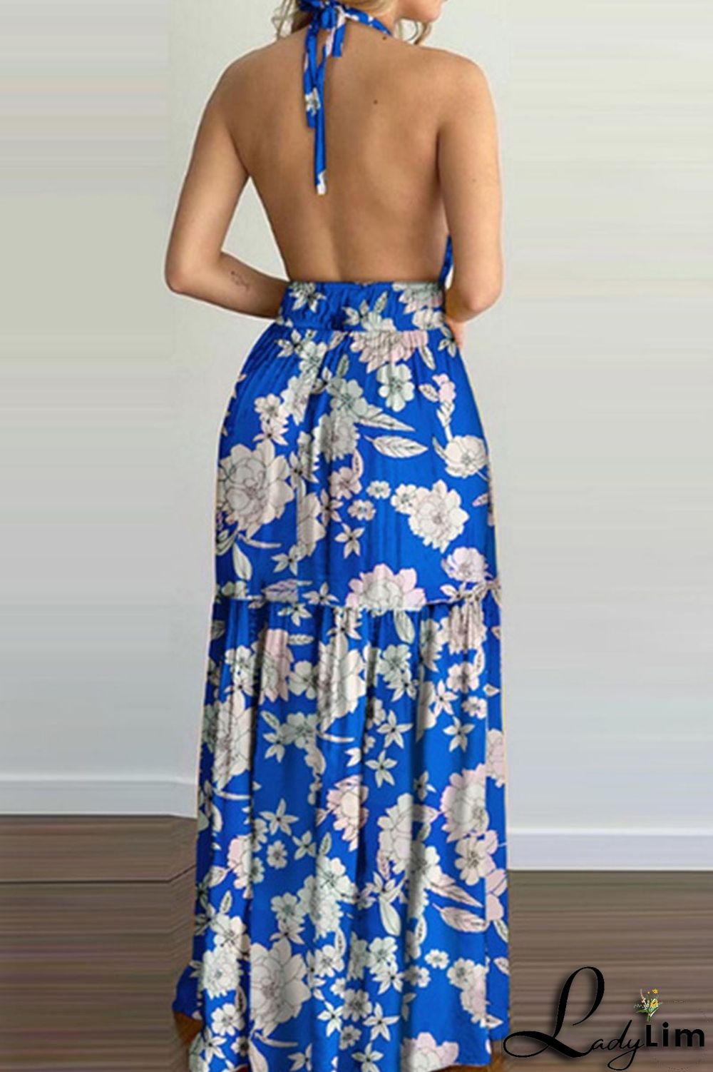 Yellow Sexy Print Split Joint Backless Halter Straight Dresses