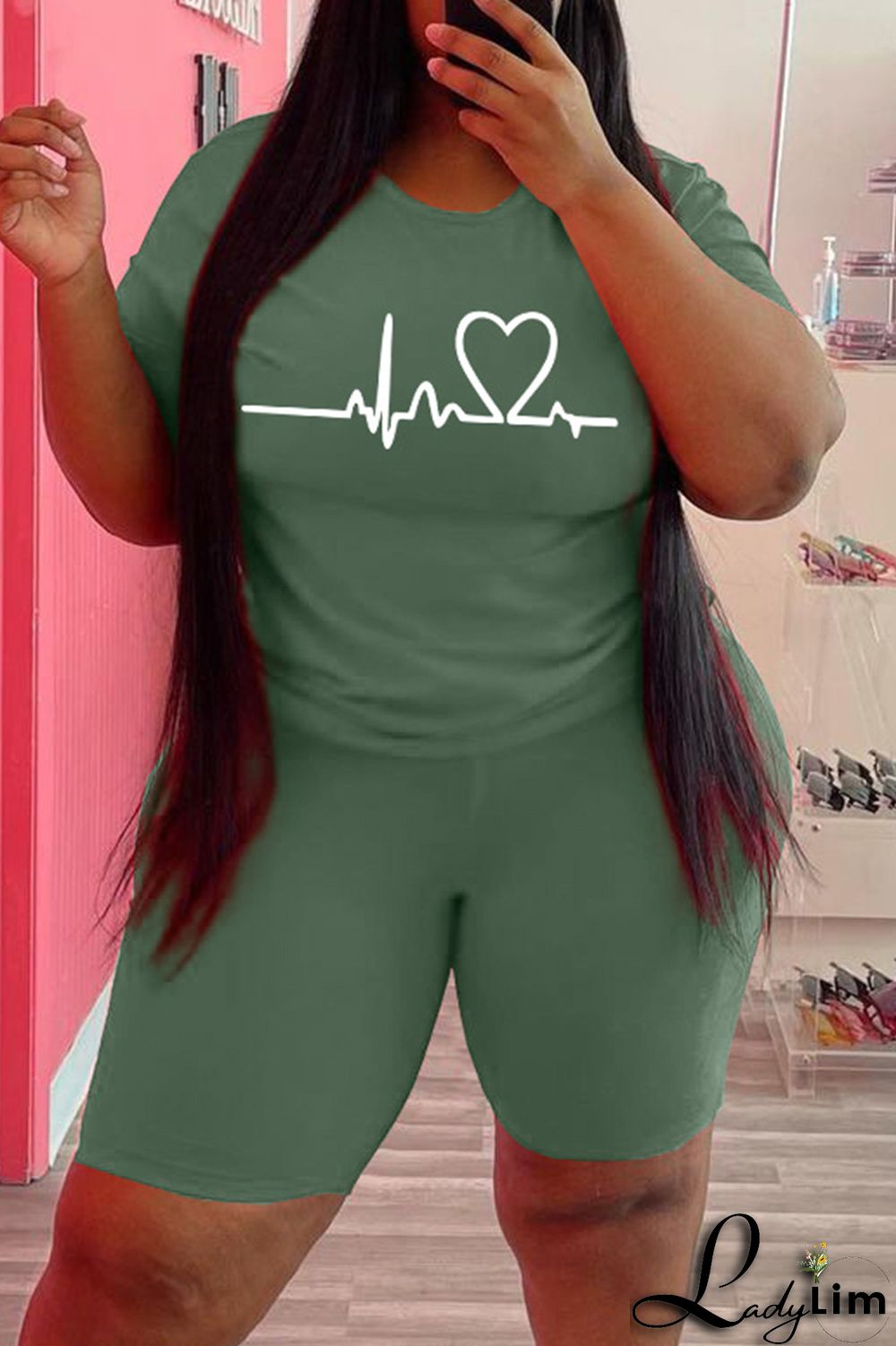 Black Fashion Casual Print Basic O Neck Plus Size Two Pieces