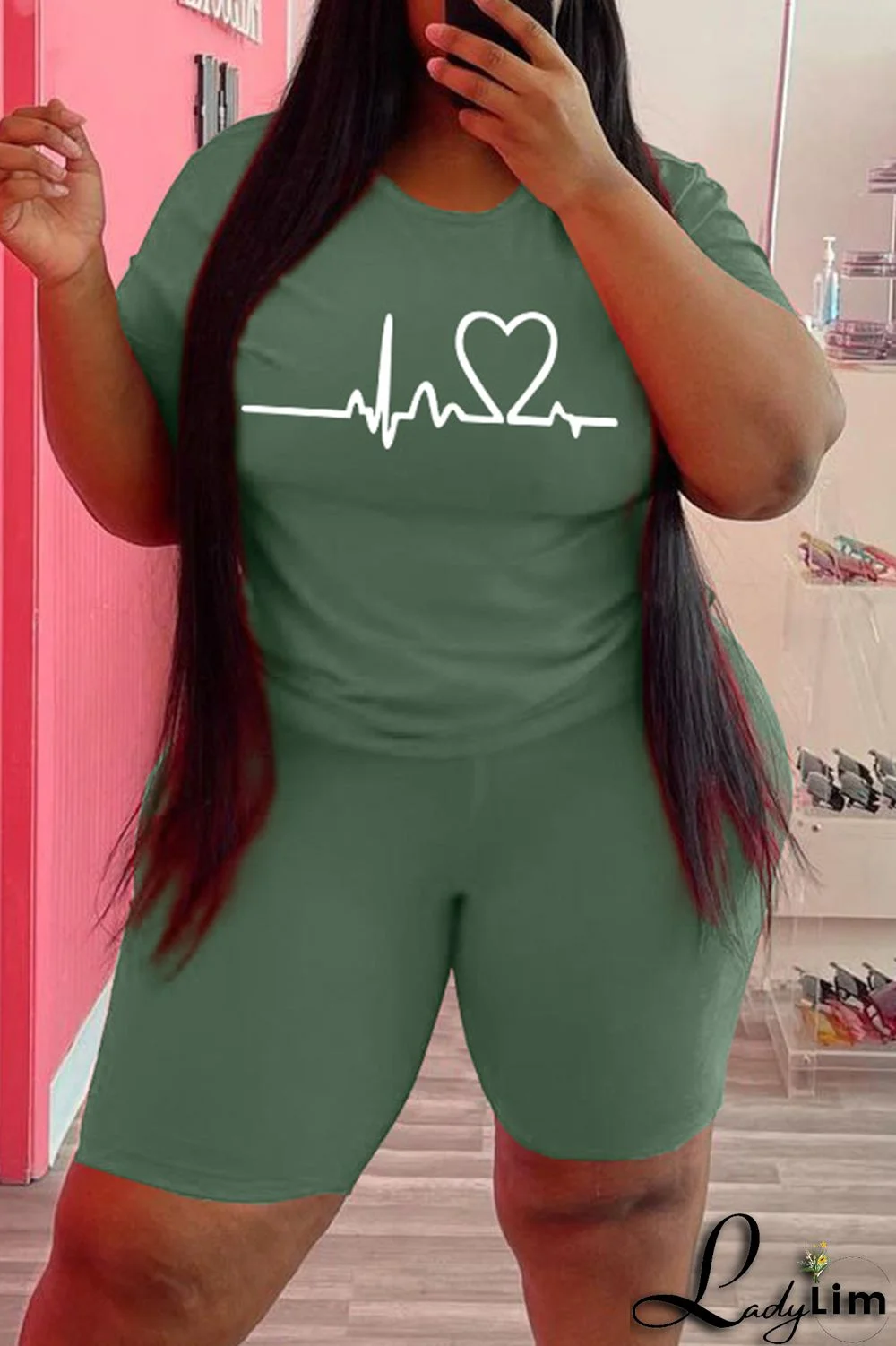 Black Fashion Casual Print Basic O Neck Plus Size Two Pieces