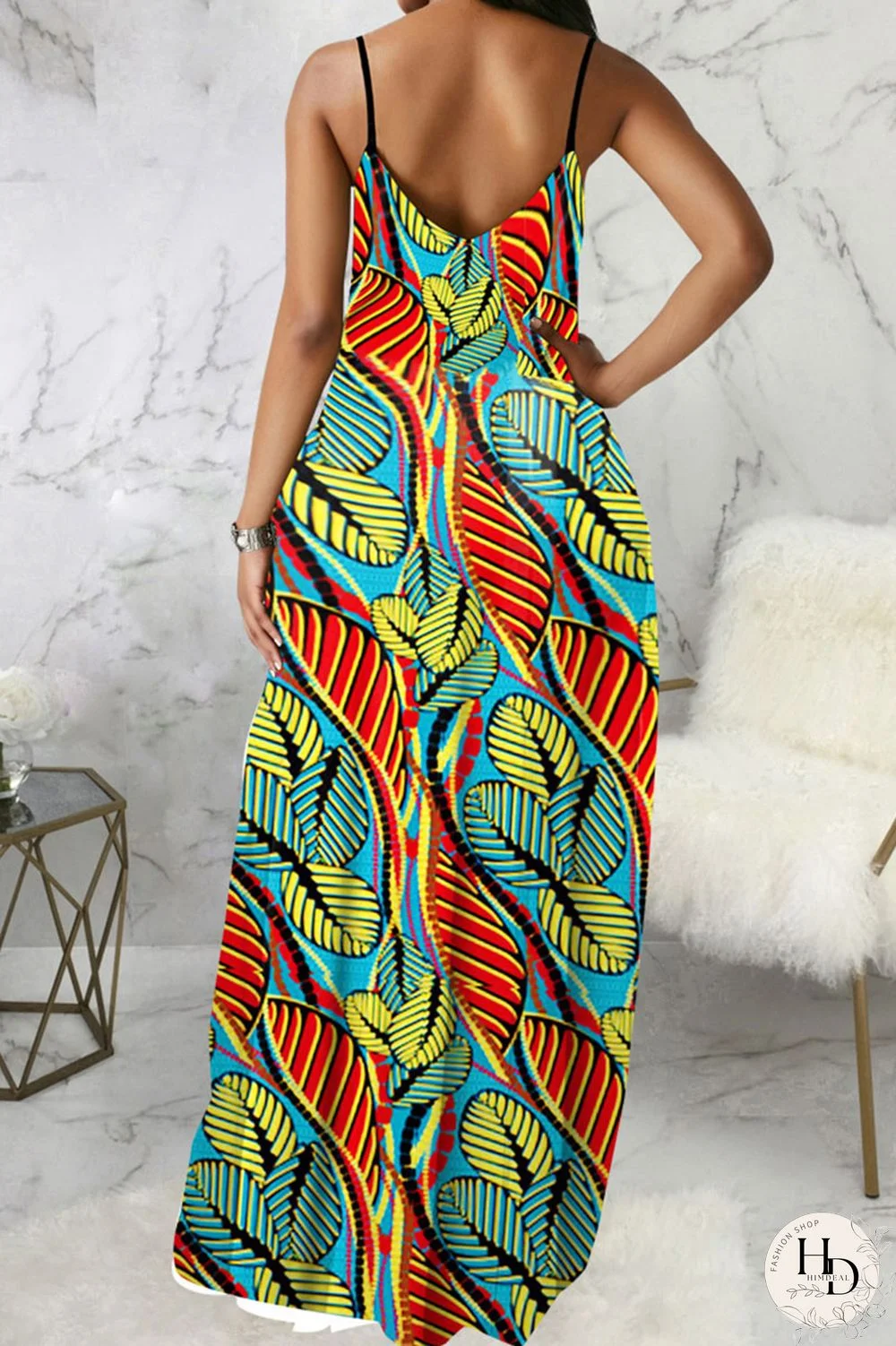 Blue Black Casual Print Patchwork Spaghetti Strap Sling Dress Dresses