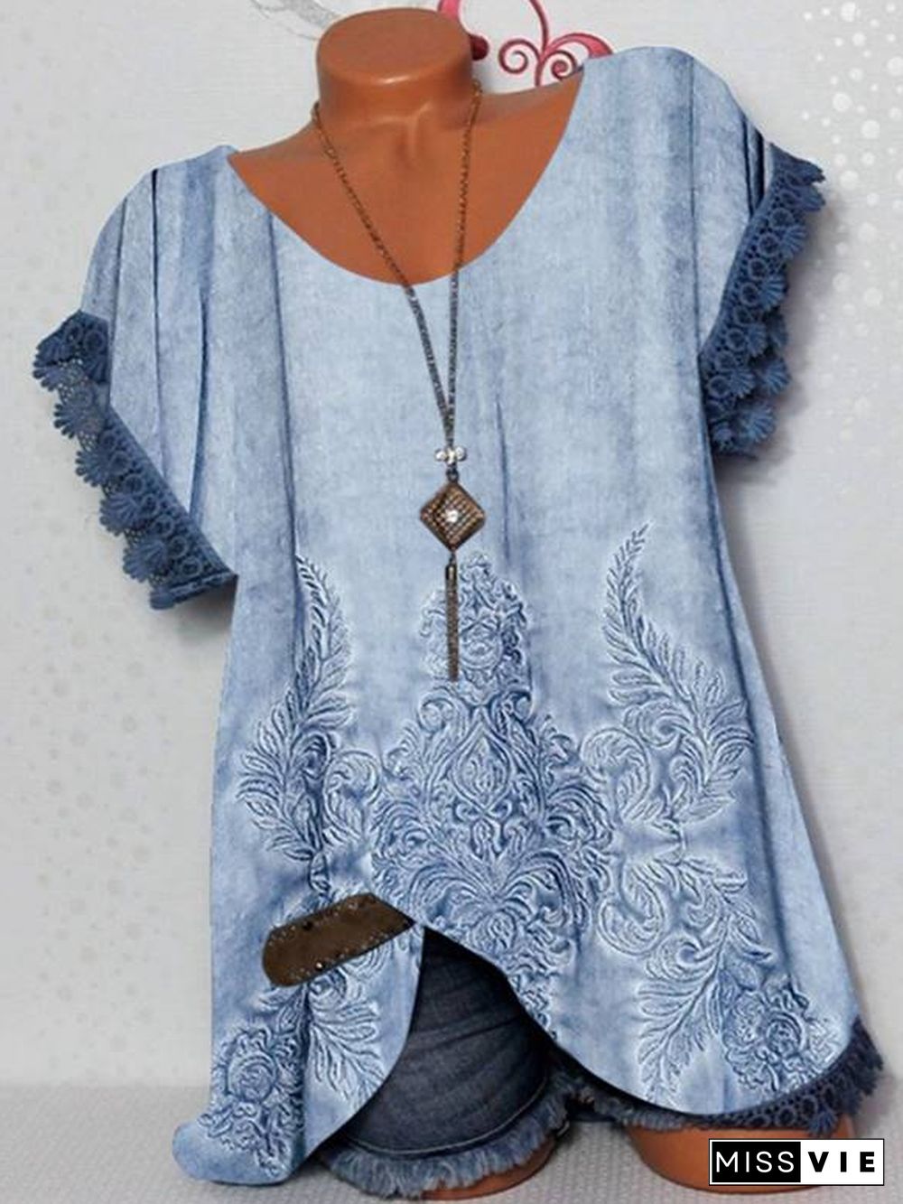 Women Short Sleeve Scoop Neck Lace Stitching Floral Printed Tops