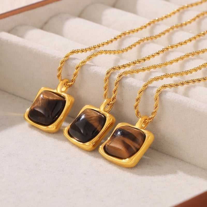 Minimalist Quadrilateral 304 Stainless Steel Tiger Eye Tiger Eye 18K Gold Plated Plating Inlay Pendant Necklace