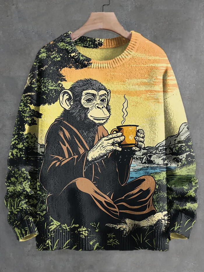 Men's Japanese Art Monkey Monk Tasting Tea Print Knit Sweatshirt