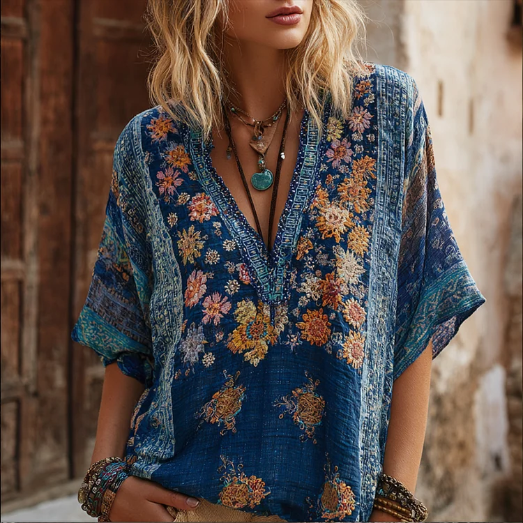 Vintage Knitted Three-dimensional Embroidered Flower V-neck Short-sleeved Shirt