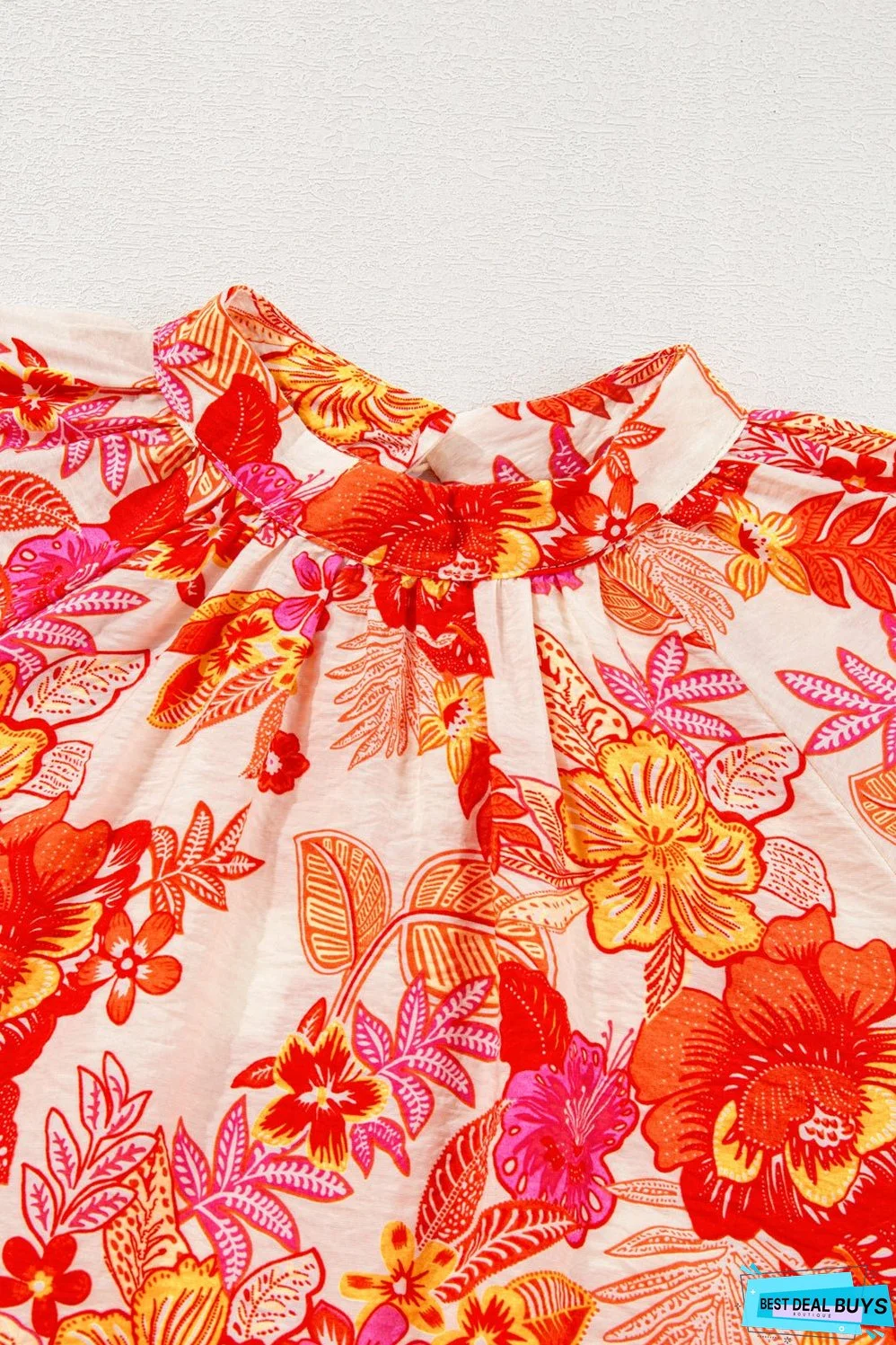 Orange Floral Print Pearl Button Keyhole Long Puff Sleeve Blouse