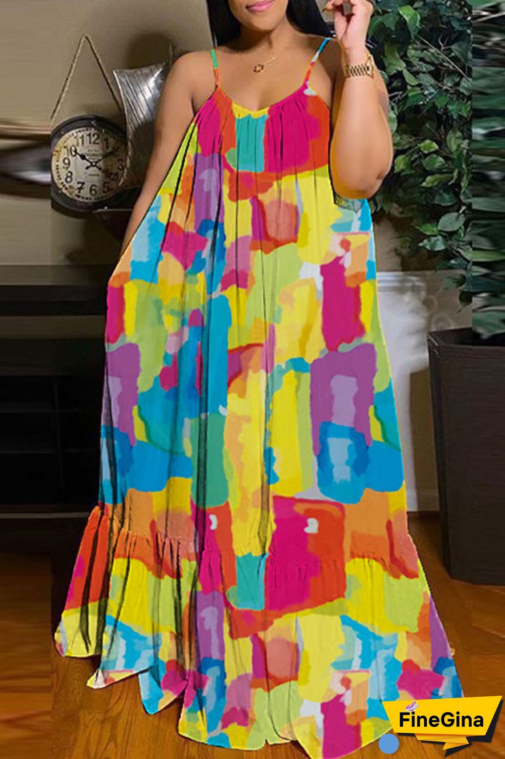 Black Brown Casual Street Print Patchwork Spaghetti Strap Sling Dress Dresses