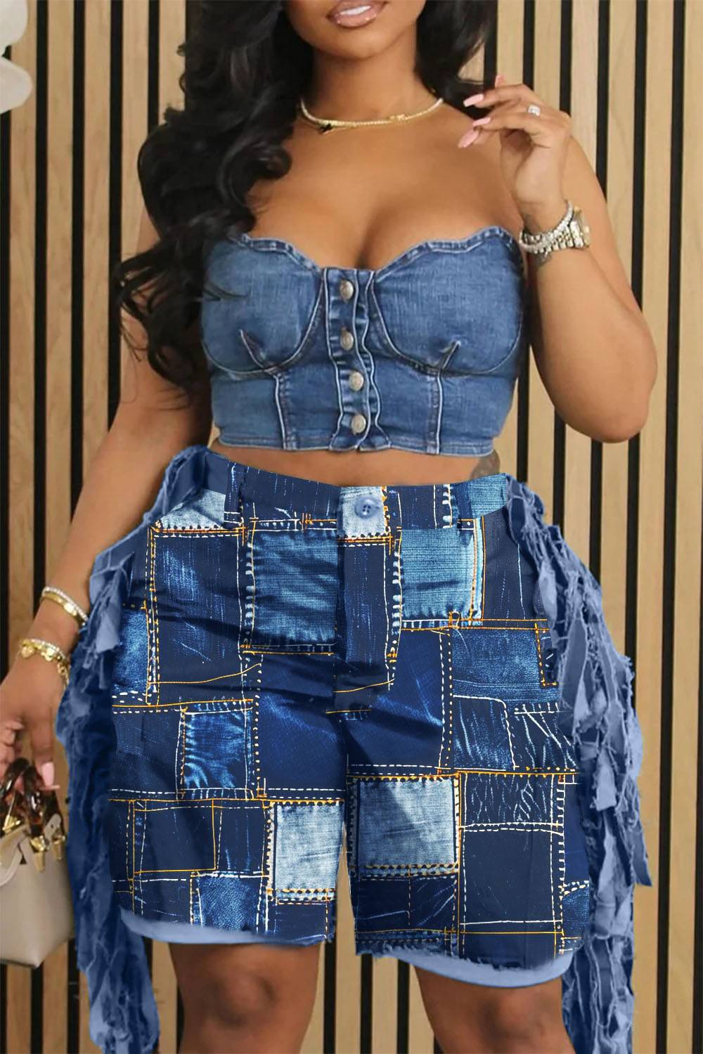 Plus Size Daily Blue Denim Print Strappy Shorts [Pre-Order]