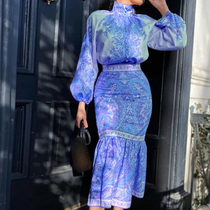 Vintage Floral Printing Slim Women Party Dress Autumm Elegant Long Lantern Sleeve Ladies Dress Stand Collar Button Dress Vestido