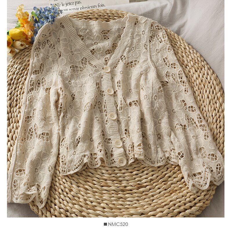 Toloer 2021 New Summer Thin Knitted Cardigans Korean Solid V Neck Lace Hollow Out Sweaters Vintage Elegant Outwear Knitwear