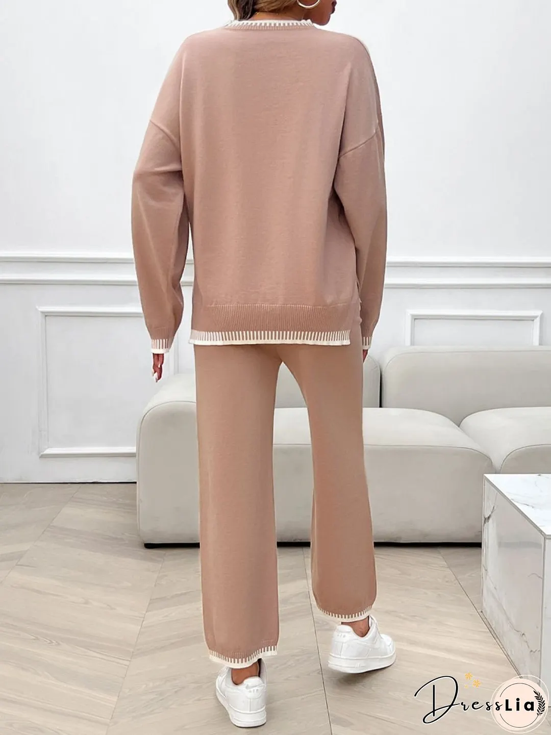 Round Neck Dropped Shoulder Top and Pants Sweater Set