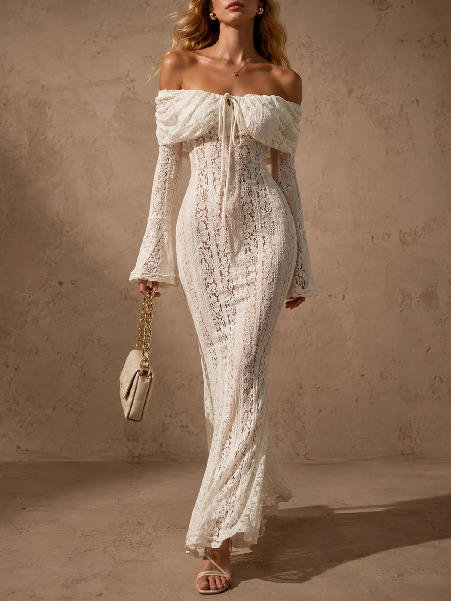 Tailored for Western Luxury Wedding Guest &mdash; 2026 Women&rsquo;s Cream Bardot Neck Tie-Front Bodycon Lace Prairie Maxi Dress