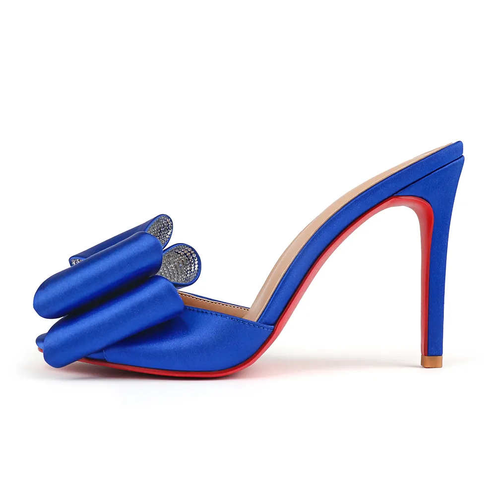 100mm/3.94 Inch Women's High Heel Mules Rhinestone Bowknot Backless Stiletto Heel Slippers Sexy Summer Heeled Red Bottom Sandals-vocosishoes