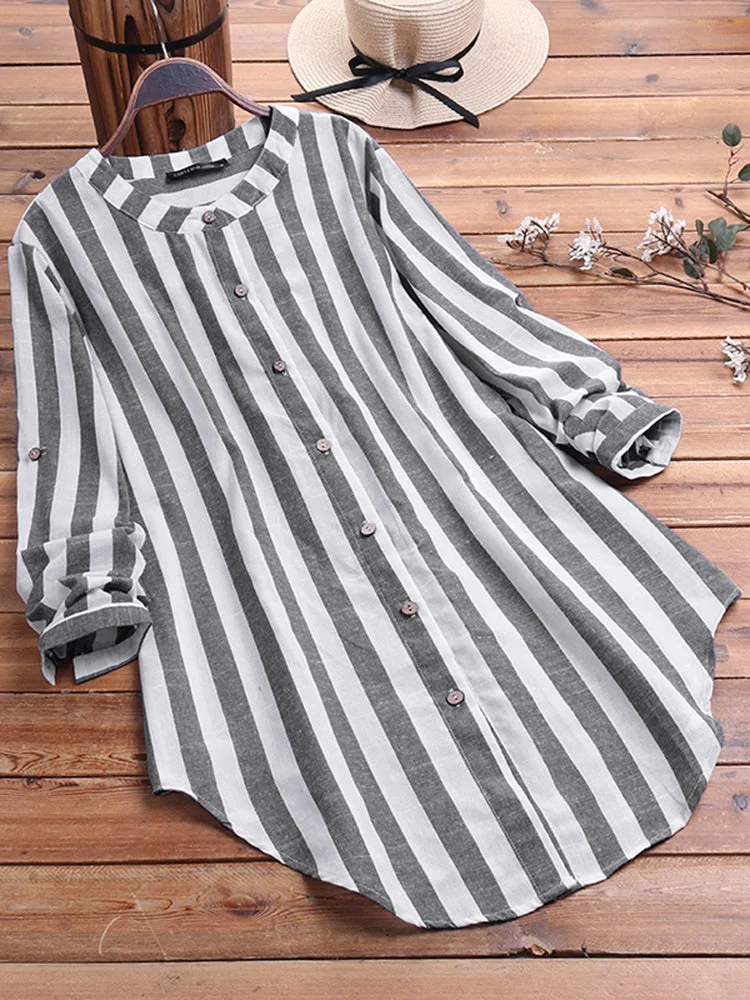 Women Long Sleeve Striped Print Shirts Tops