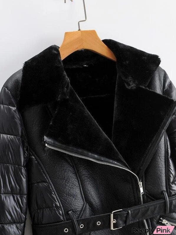 Lined Padded Belted PU Coat