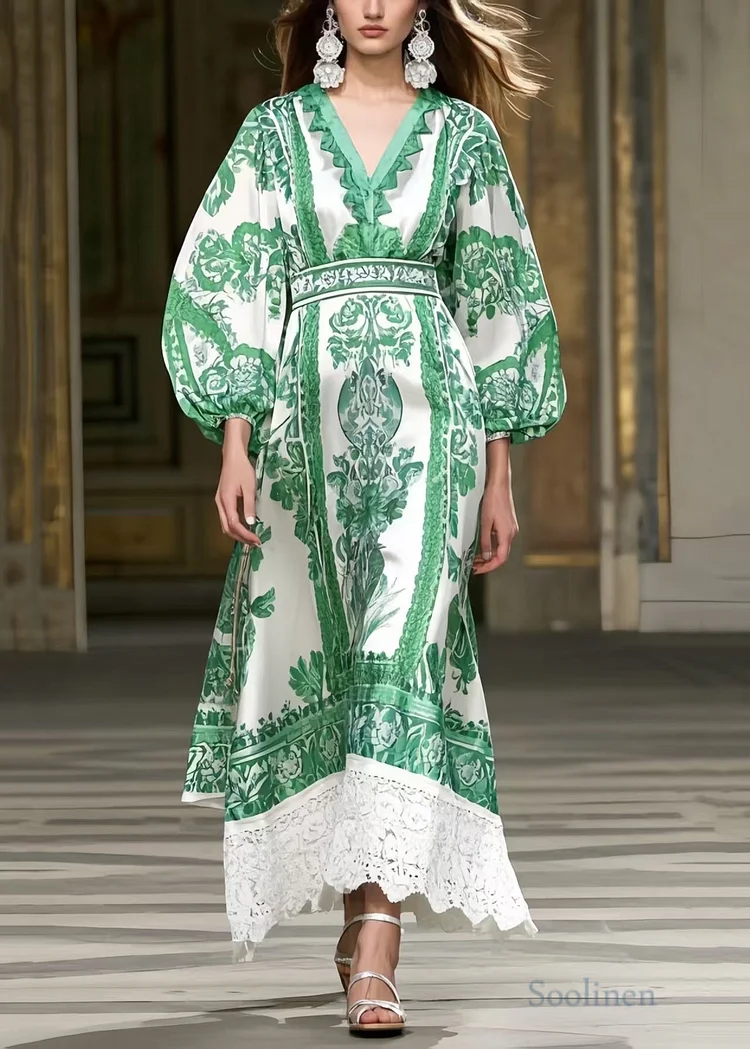 Vintage Green Puff Sleeve Patchwork Lace Robe Dresses Spring
