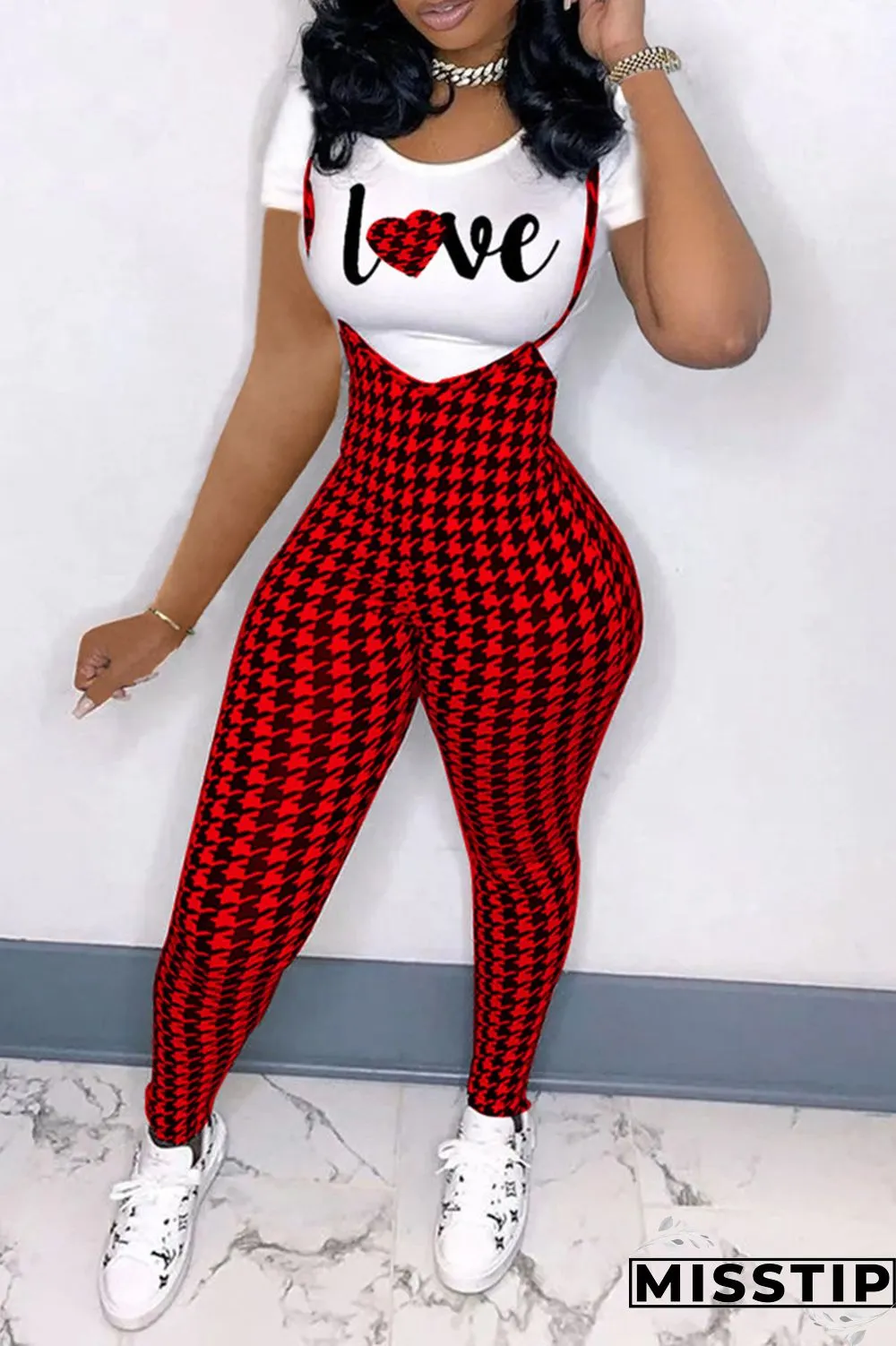 Pink Fashion Casual Letter Plaid Print Basic O Neck Short Sleeve Two Pieces