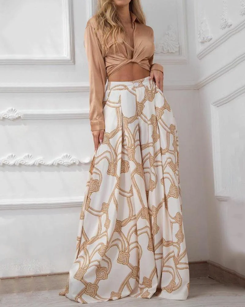 Satin Long-Sleeve Top & Casual Printed Wide-Leg Pants Two-Piece Set