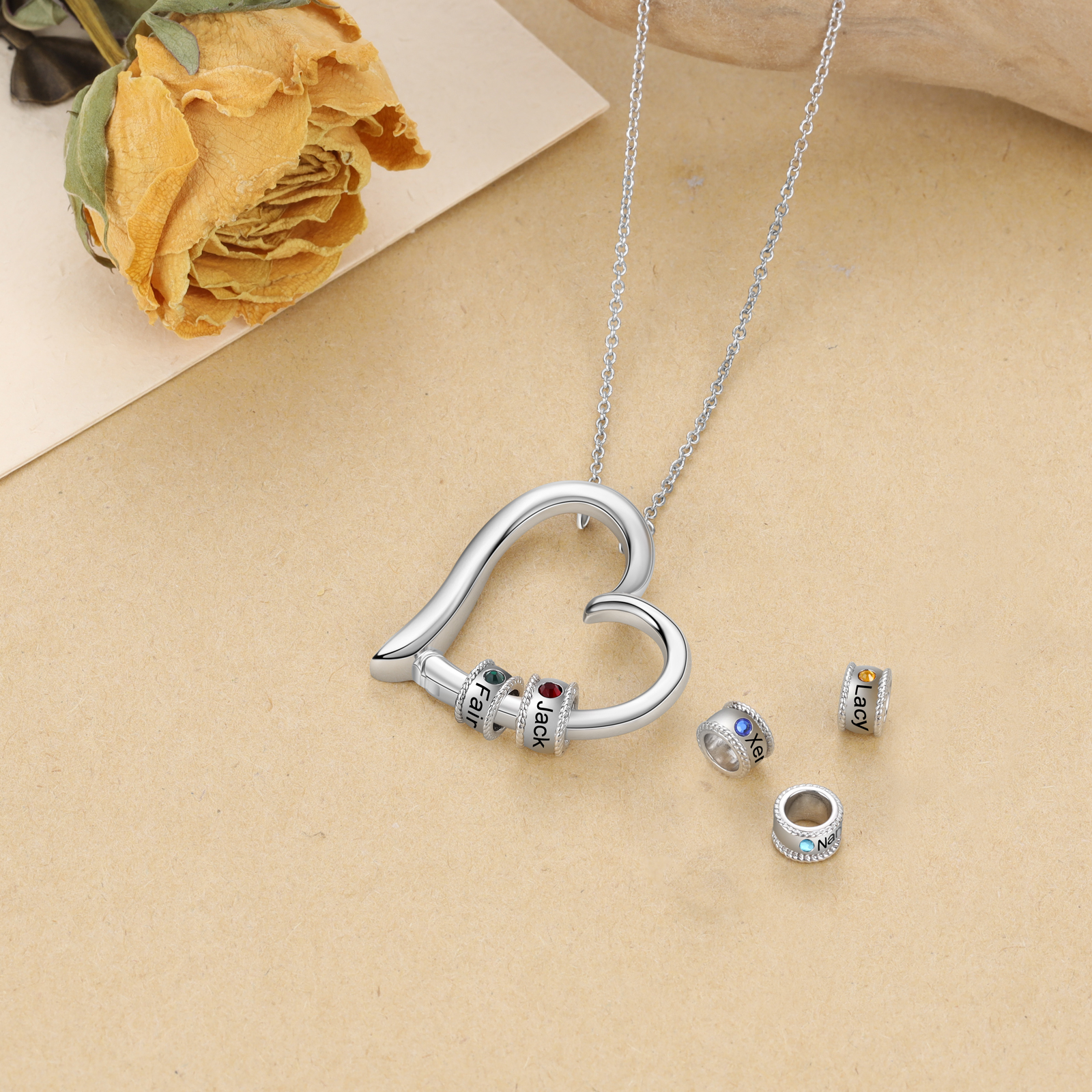 Collana cuore con ciondolo di 2 nomi e 2 pietre di nascita regalo per donna