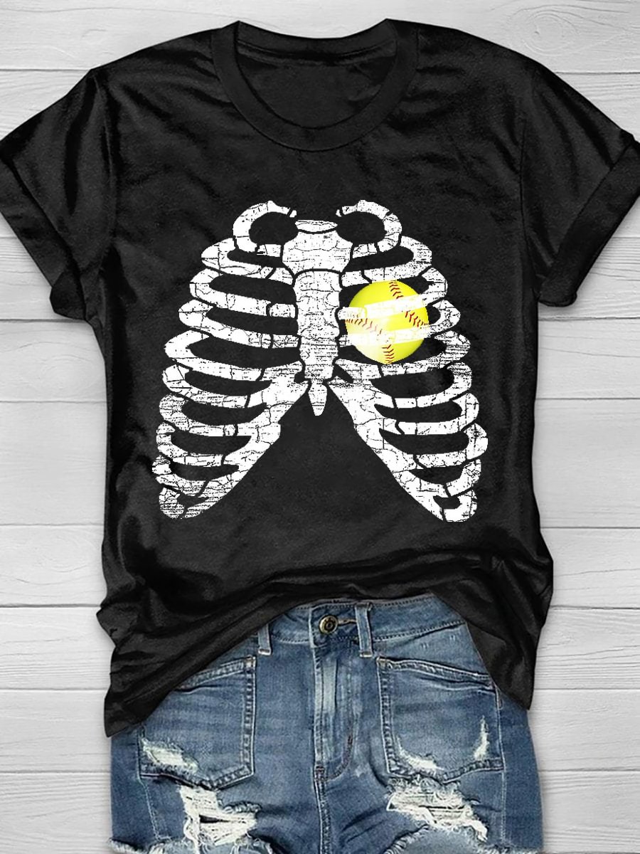 Ribs Softball Print Short Sleeve T-Shirt