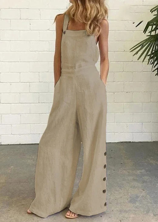 Chic Khaki Pockets Button Patchwork Cotton Jumpsuit Summer