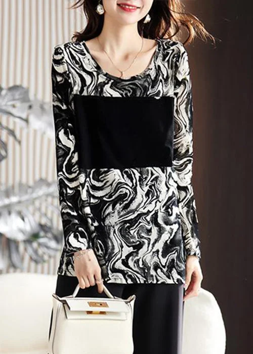 New O Neck Print Patchwork Cotton Top Long Sleeve