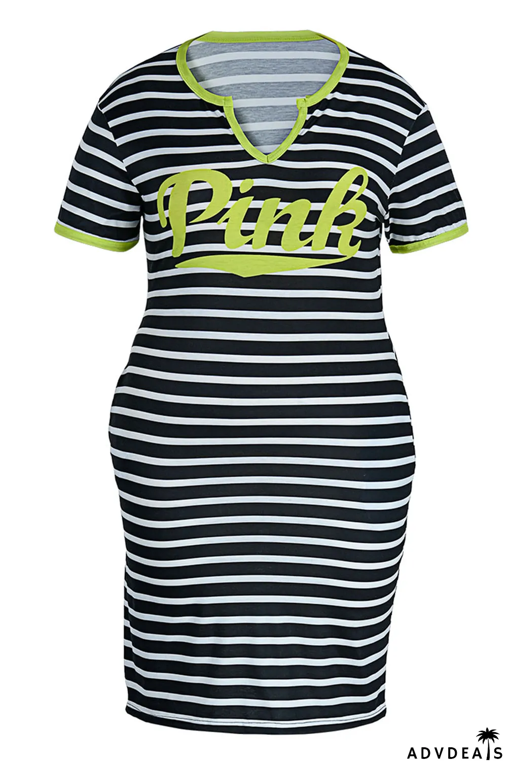 Red Casual Striped Print Patchwork V Neck Straight Plus Size Dresses