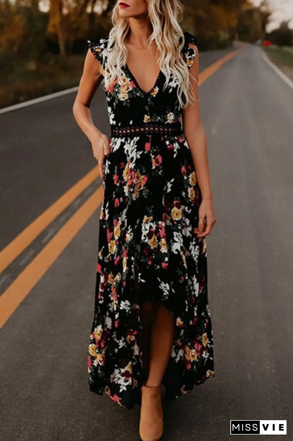 Backless Floral Print High Low Dress