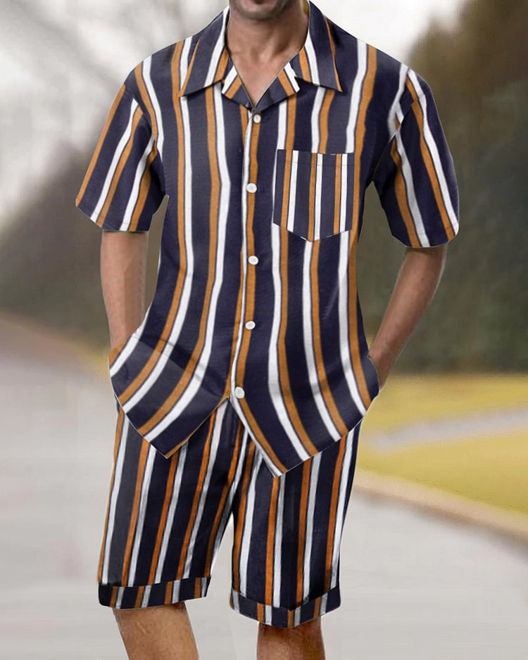 Men's Casual Short Sleeve Suit Men's Striped Print