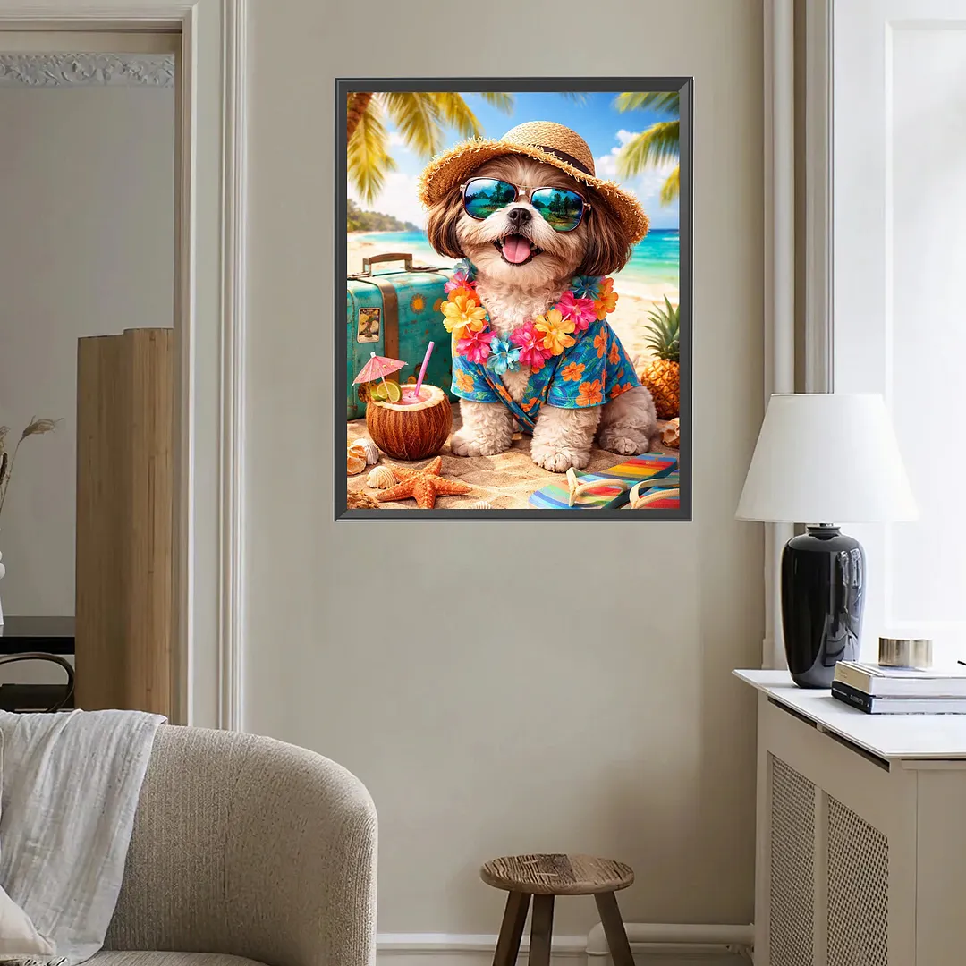 Beach Vacation Puppy 5D DIY Full Square Drill Diamond Painting Kits for Adults Beginners Home Decor Diamonds Dots Gem Art Kits Diamonds Paintings Gem Art 17.72x21.65inch