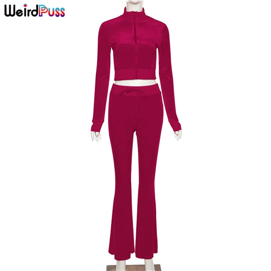 Weird Puss Velvet Women Tracksuit Skinny 2 Piece Set Zip Sporty Sweatshirt+Straight Pants Casual Fit Matching Streetwear Outfits