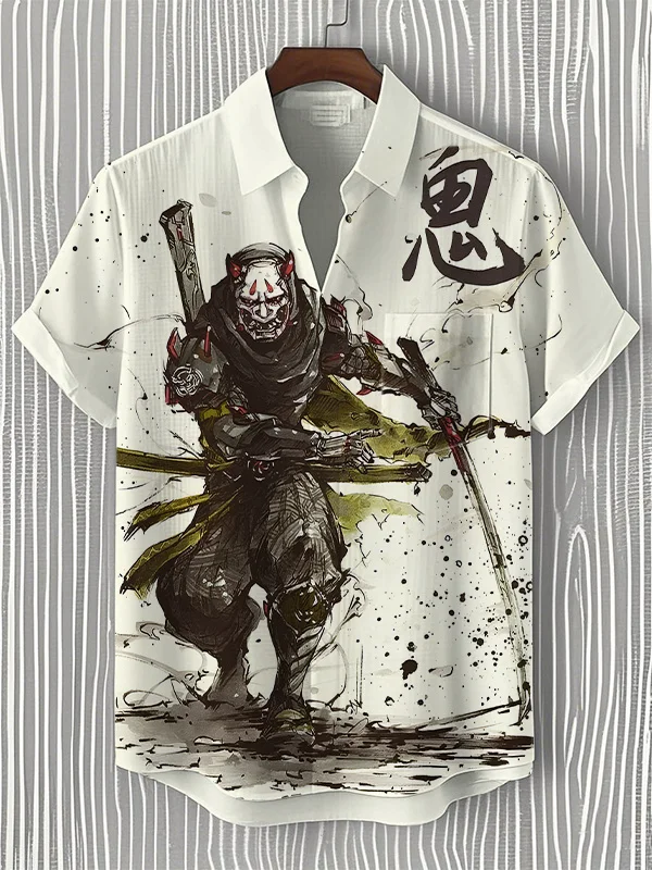 Men's Japanese Hannya Samurai Art Print Short Sleeve Shirt