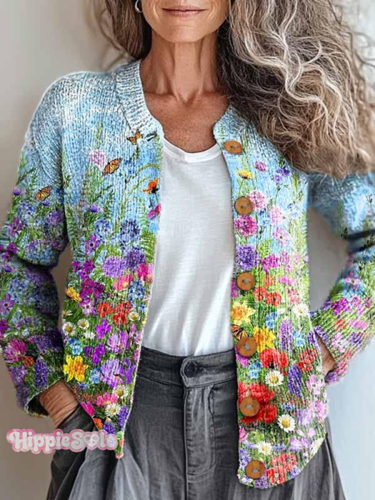 Women’s Colorful Floral Art Print Casual Button Cardigan Sweater Multicolor / S