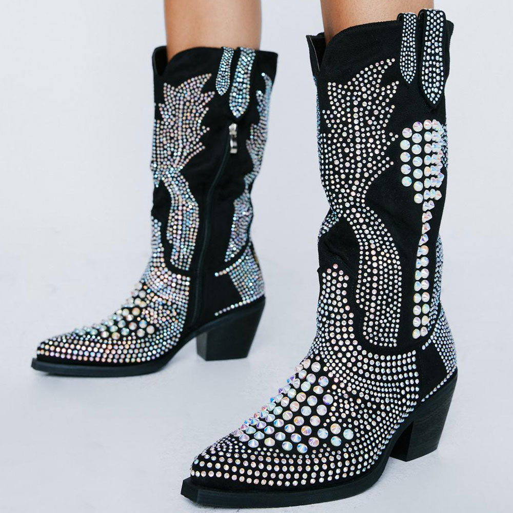 Rhinestone Decor Boots Black Cone Low Heel Cowgirl Boots for Women